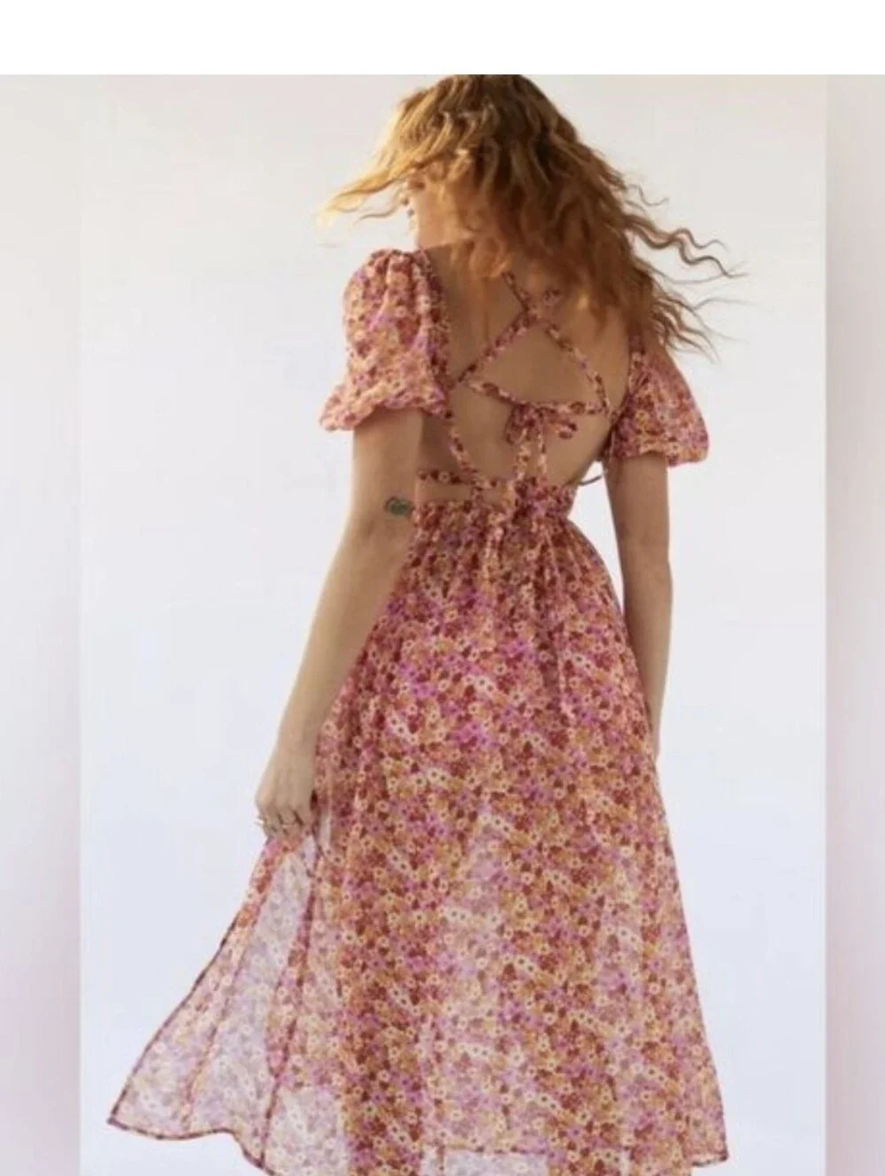 For Love & Lemons Felicia Pink Floral Puff Sleeve Midi Dress Slit Size Small S
